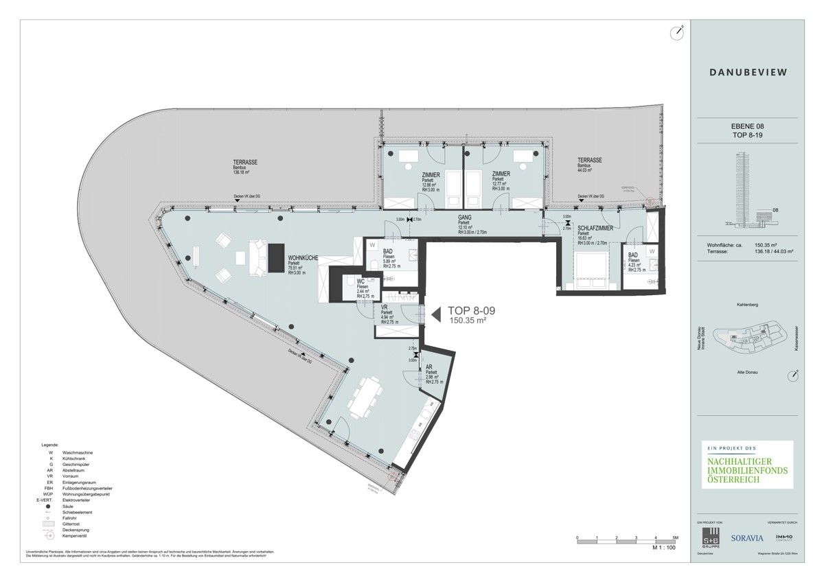 180m² Dachterrasse! Luxus DG-Wohnung mit direktem Blick auf die Innenstadt und die Donau! U1 Donauinsel