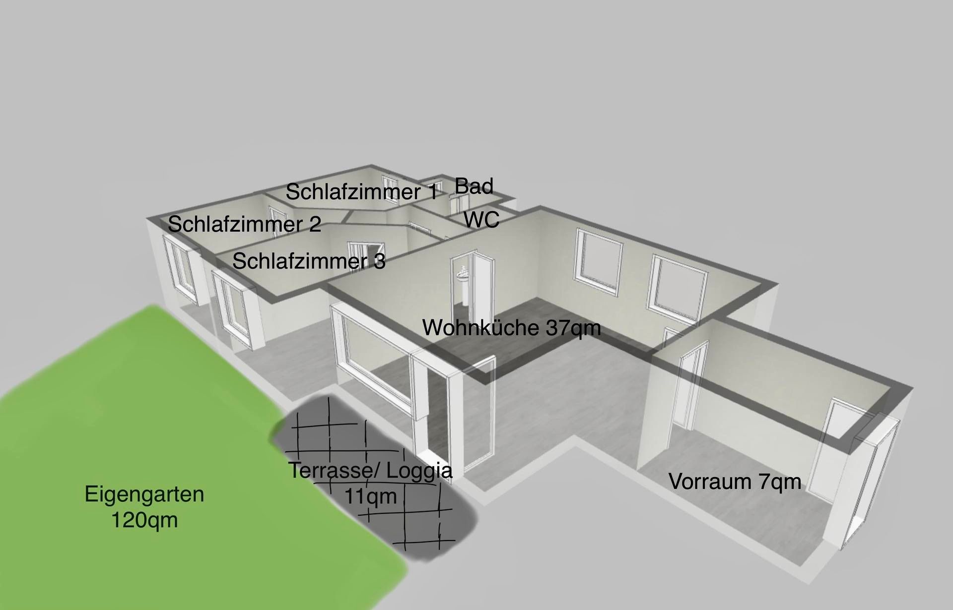 81 m² Wohnfläche + 11 m² Terrasse + 123 m² Eigengarten