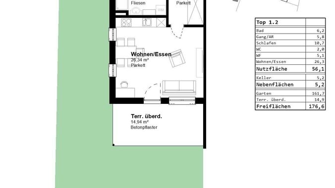 Grundrissplan Haus 1, Top 2 mit Garten 56,1 m²_ 118_PRA-2 (002)