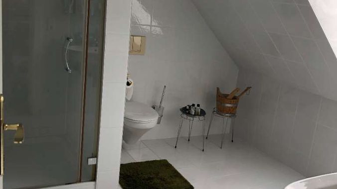 Badezimmer im Dachgeschoss - Dusche, Waschbecken, Toilette (2/2)