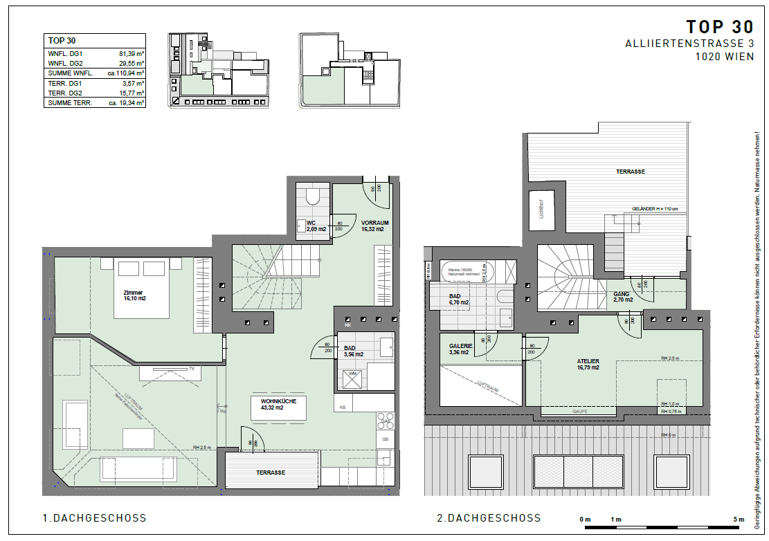 Möblierte, klimatisierte Dachgeschoss-Maisonette mit 2 Terrassen in 1020 Wien