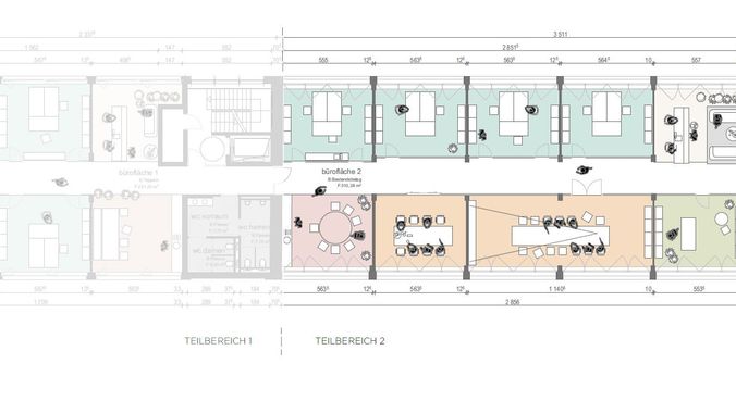 1. Obergeschoß - Musterbelegung - Teilungsvariante II (ca. 550 m² - teilbar ab ca. 216 m²)