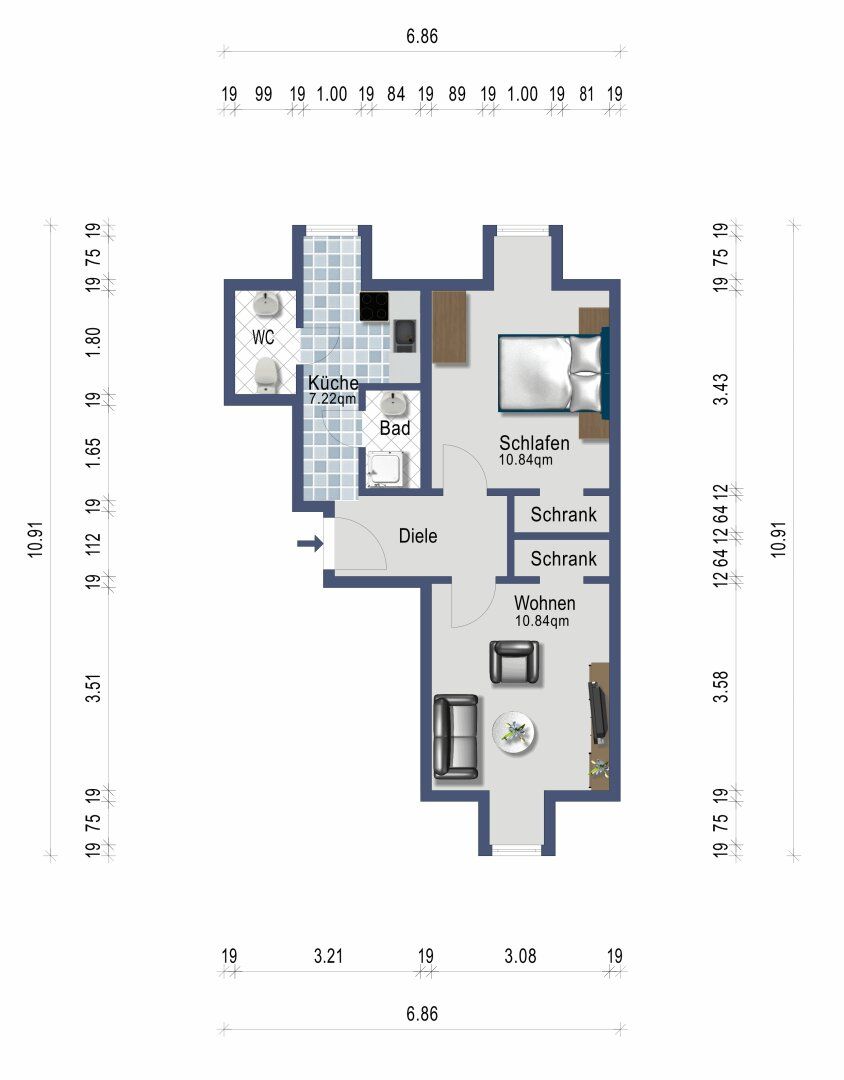 Dachgeschosswohnung für 1-2 Personen - Für Raucher geeignet - Heizung inklusive - ab 1. September