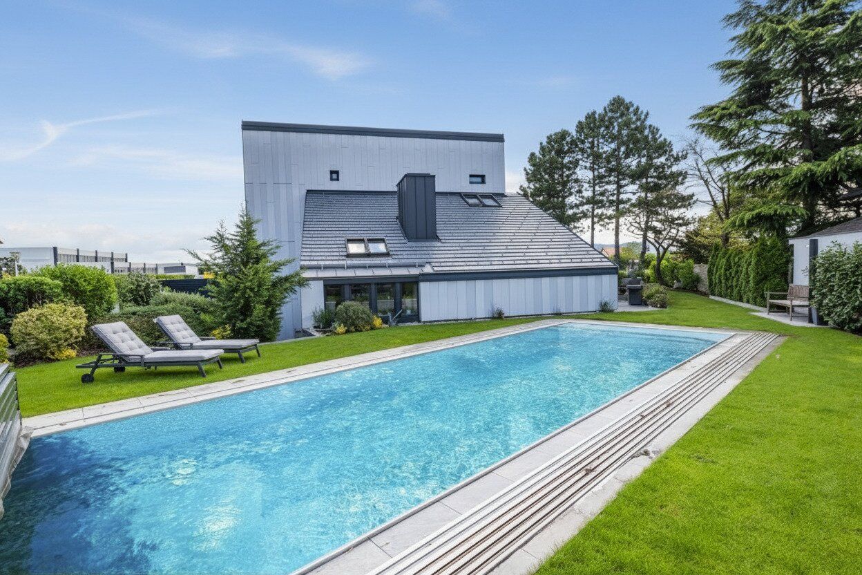 Alles möglich! Vom exklusiven Wohntraum bis zum Highclass-Firmenstandort (oder beides in einem) | Designerhaus mit traumhaftem Garten | Edelstahlpool, Sauna, Weinkeller | Doppelgarage, zwei Eingänge