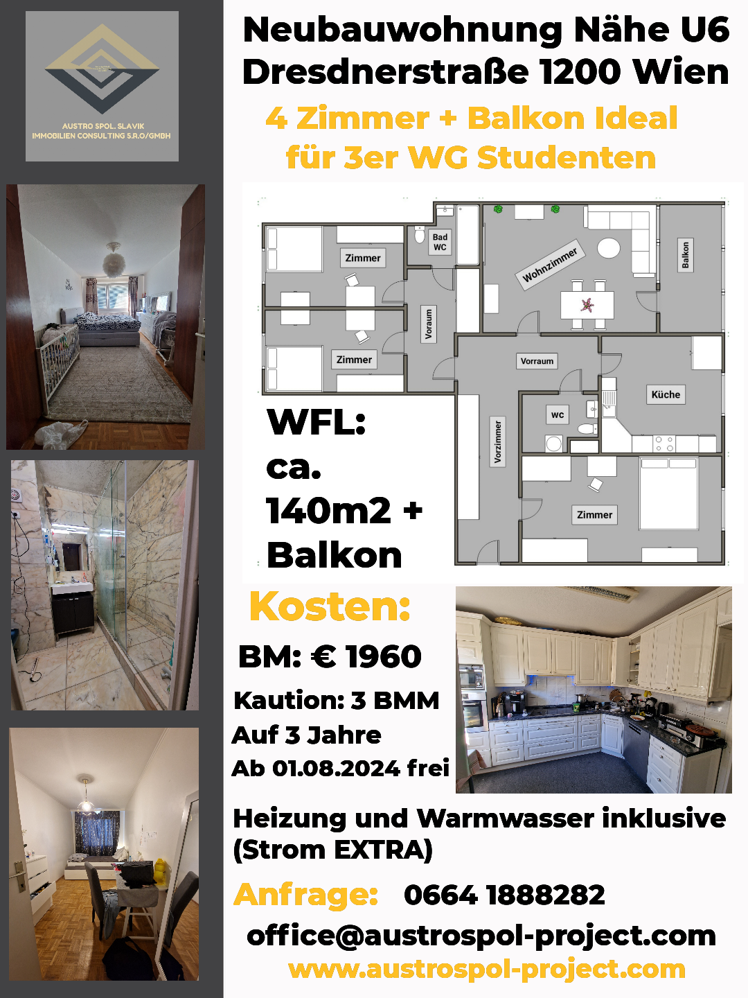 Ab 31.07.2024 frei - ideal 3er WG Studenten - 4 Zimmer mit Balkon - Nähe TGM