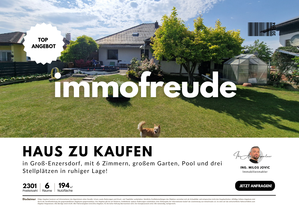 6 Zi -Einfamilienhaus mit großem Garten, Pool & 3 Stellplätzen, in ruhiger Lage von Groß-Enzersdorf!