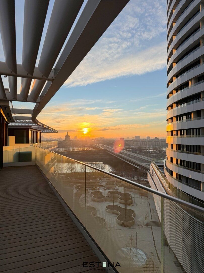 Sonnenuntergang über der Donau und Stephansdom