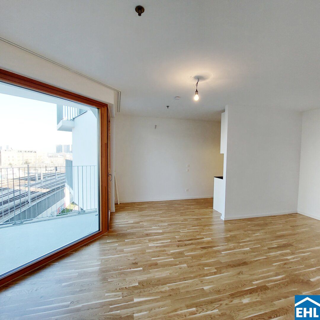 Sonnwendviertel: 1-Zimmer-Wohnung mit Balkon im 19. OG - Fitnessraum, Co-Working & Rooftop-Terrasse inklusive!