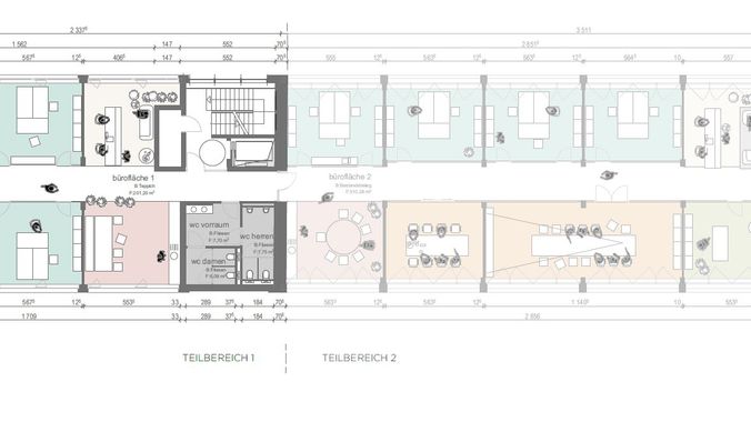 1. Obergeschoß - Musterbelegung - Teilungsvariante I (ca. 550 m² - teilbar ab ca. 216 m²)