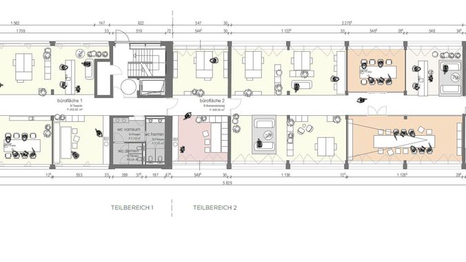 Erdgeschoß - Musterbelegung (ca. 550 m² - teilbar ab ca. 216 m²)