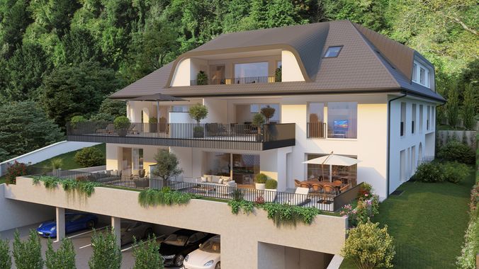 Visualisierung der Aussenansicht mit Blick auf Eingangsbereich